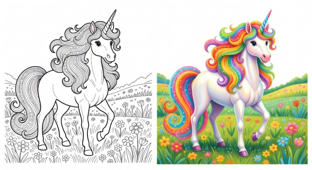 Licorne avec crinière arc-en-ciel colorée harmonieusement