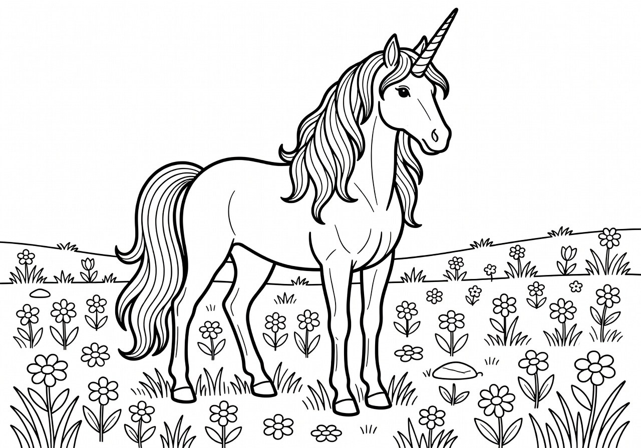 Coloriage licorne: créer des crinières arc-en-ciel harmonieuses 1 Dessin à colorier d'une licorne avec crinière arc-en-ciel