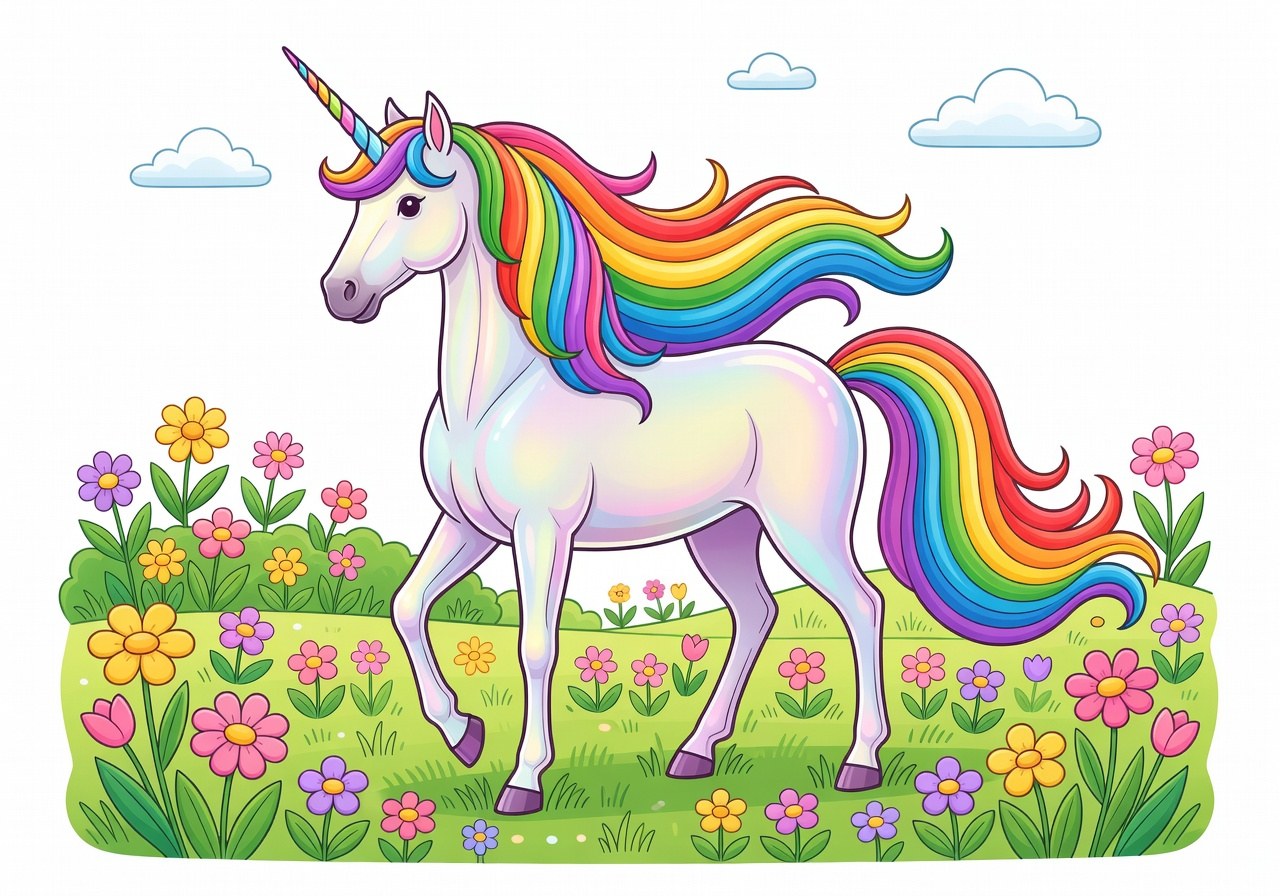 Coloriage licorne: créer des crinières arc-en-ciel harmonieuses 2 Exemple de coloriage licorne crinière arc-en-ciel terminé
