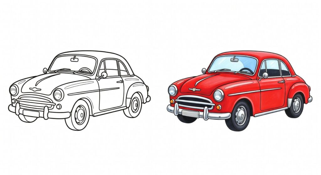 Illustration coloriage voiture avec reflets métalliques et contrastes pour débutants