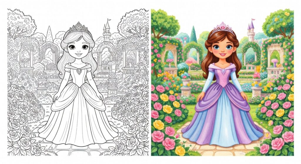 Illustration d'une princesse élégante en robe fluide prête à colorier