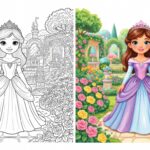 Illustration d'une princesse élégante en robe fluide prête à colorier