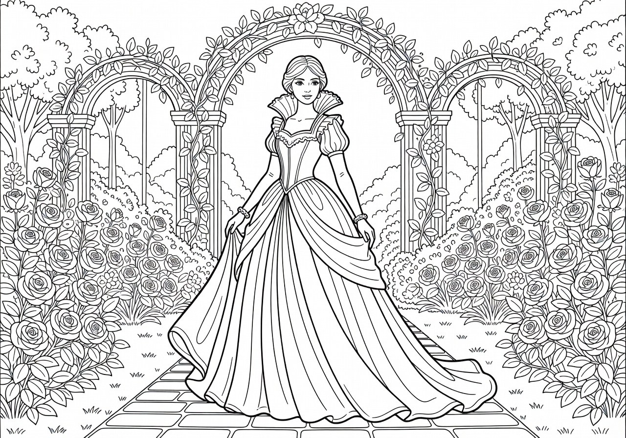Dessin en noir et blanc d'une princesse pour coloriage tons élégants