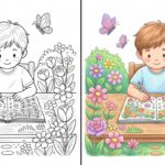 Enfant coloriant calmement une image de jardin paisible