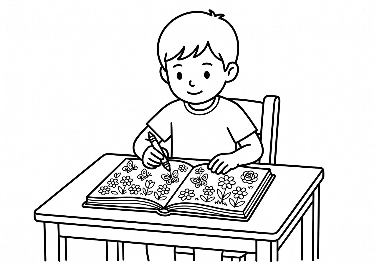 Dessin en noir et blanc d'un jardin pour coloriage enfants