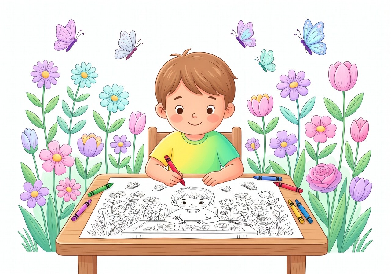 Version colorée vibrante d'un jardin avec enfants
